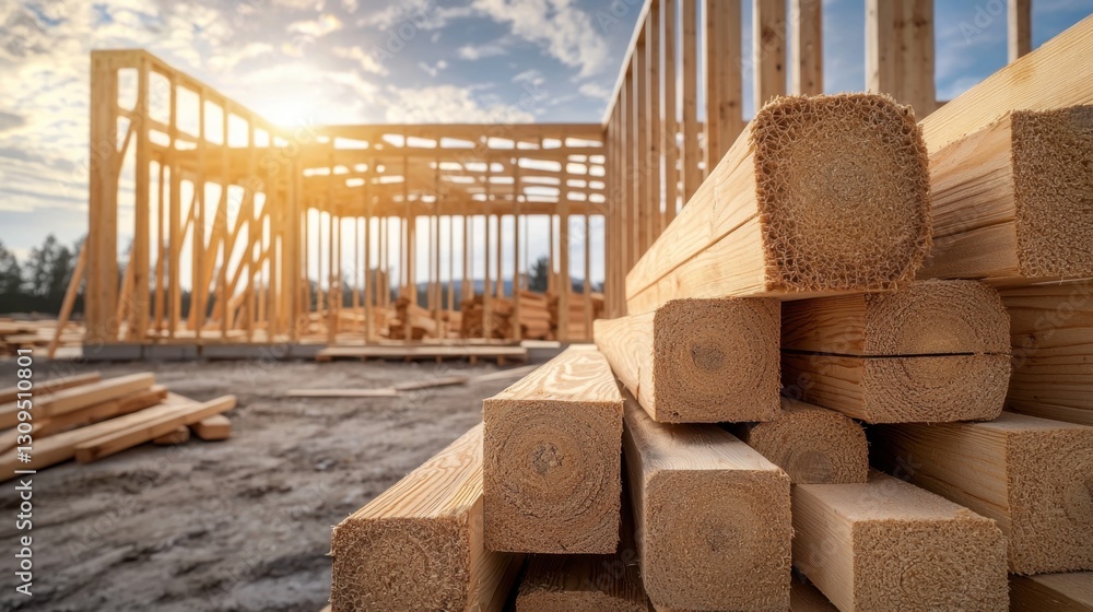 Poster neatly stacked lumber in foreground with a partially built wooden house frame in the background unde