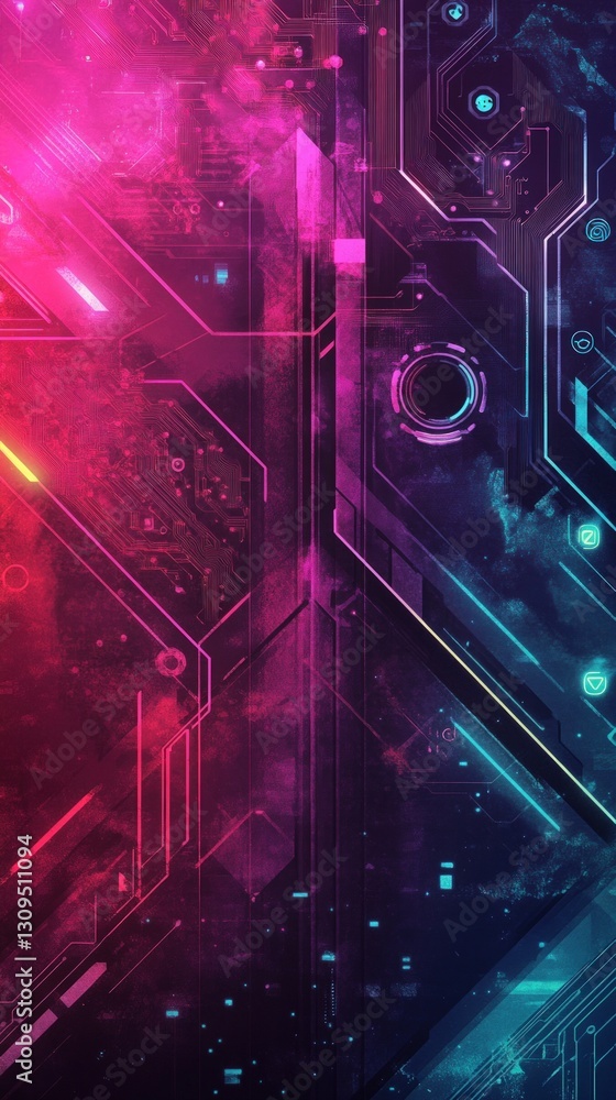 Poster abstract digital circuit board design with neon pink and blue color scheme highlighting technologica