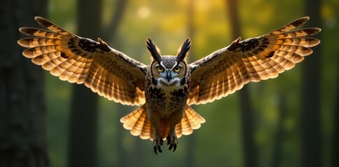 Fototapeta premium Majestic great horned owl in flight, wings spread wide, blurred forest backdrop, woodland, forest, hunting