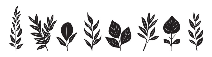Fototapeta premium Set of black silhouettes of leaves on white background. The leaves are all different shapes and sizes. Flat vector illustrations isolated