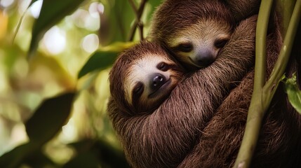 Fototapeta premium Baby sloth snuggled against its mother chest gentle embrace hanging from a jungle vine soft warm lighting cinematic shot 
