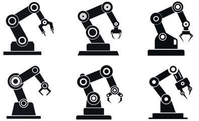 This image features six black silhouette icons of robotic arms.