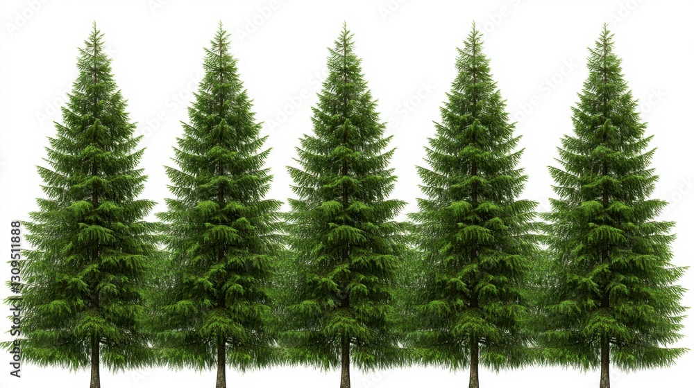 Poster five lush green evergreen trees stand in a row against a clean white background. the trees are simil