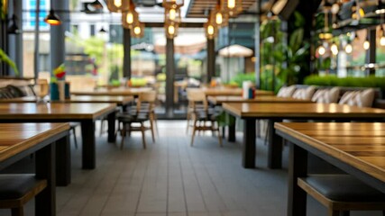 Enjoy the inviting ambiance of a contemporary cafe featuring wooden tables and warm lighting in a bustling setting