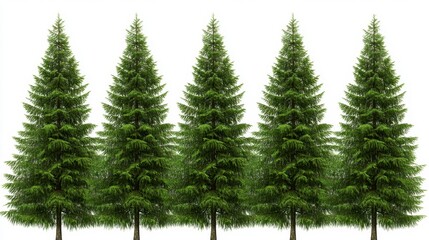 Obraz premium Five lush green evergreen trees stand in a row against a clean white background. The trees are similar in size and shape, creating a symmetrical and visually appealing image.