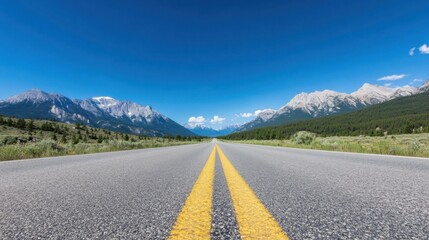 Naklejka premium Scenic highway vanishing point between majestic mountains under a clear blue sky.