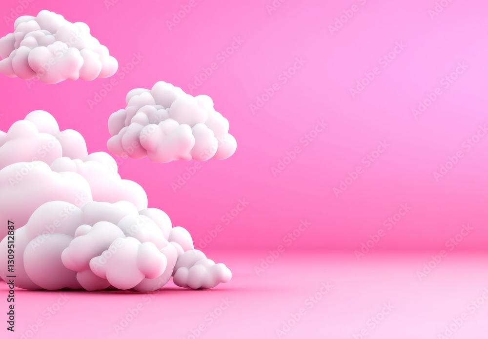 Poster white fluffy clouds float against a solid pink background. simple, minimalist 3d render with copy sp