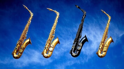 Naklejka premium Four saxophones of varying colors gold, black, and brass against a blue sky background. The image is sharp and well lit.