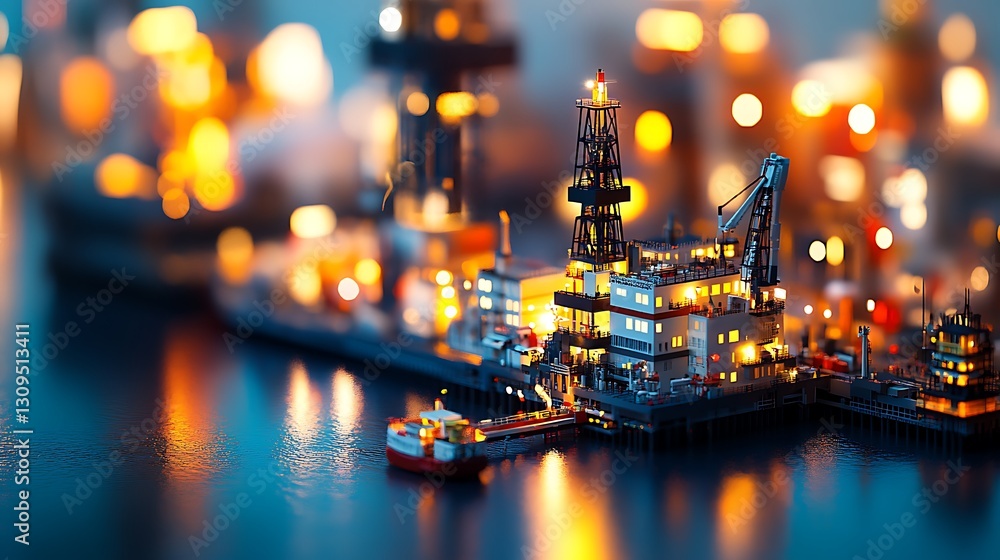 Aufkleber wide-angle view of an ocean oil rig with a blurry background showing engineers at work.