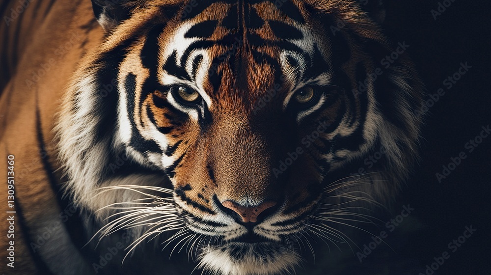 Poster bold and powerful tiger portrait eyes glowing in soft ambient light deep shadows adding moody intens