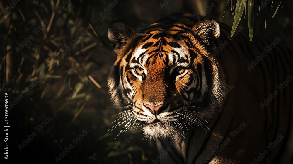 Poster bold and powerful tiger portrait eyes glowing in soft ambient light deep shadows adding moody intens