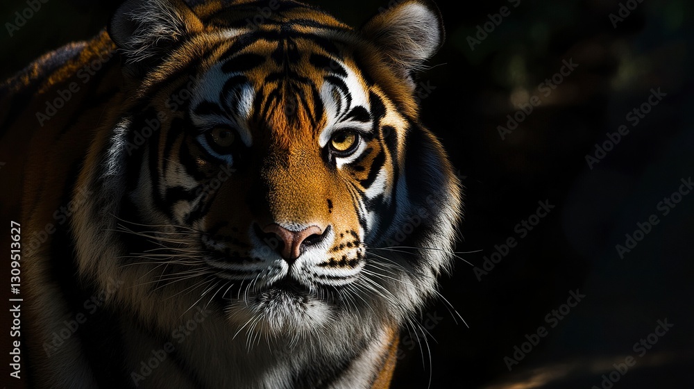 Poster bold and powerful tiger portrait eyes glowing in soft ambient light deep shadows adding moody intens