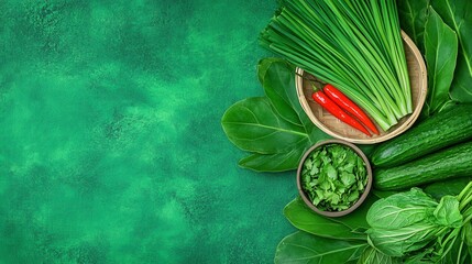 Obraz premium Overhead shot of fresh green vegetables and red chili peppers arranged on a green textured background. The scene includes cucumbers, scallions, and leafy greens.