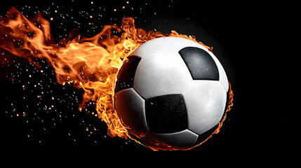 Naklejka premium Soccer Ball engulfed in flames against a black backdrop showcasing energy and motion