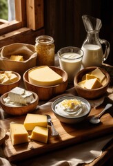 close shot fresh dairy products resplendent under natural light highlighting textures colors rustic setting, artisan, artisanal, butter, cheese, creamy
