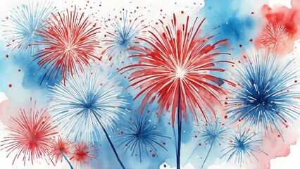 Bright watercolor fireworks in red, white, and blue for USA Independence Day celebration