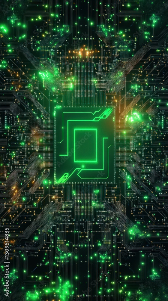 Aufkleber abstract digital circuit board design with glowing green and yellow lines and illuminated square in 