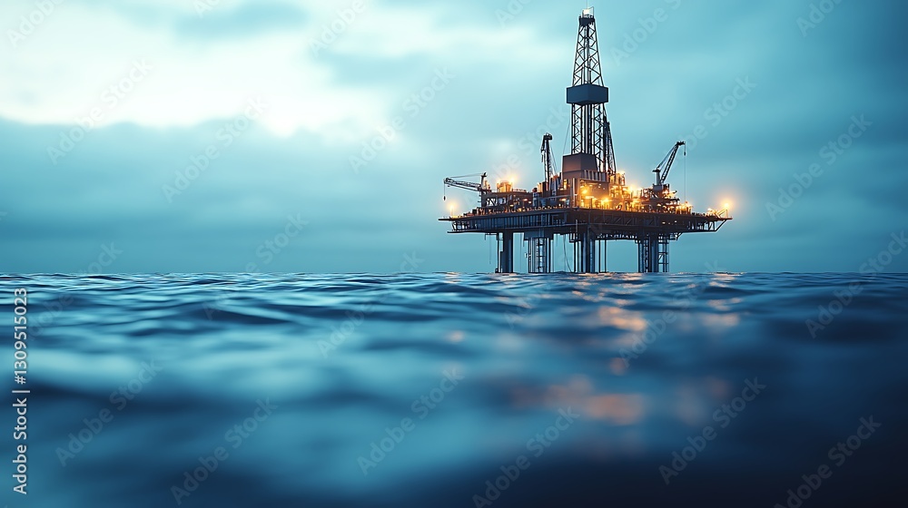 Poster a large oil platform in the open sea with engineers in the background, slightly out of focus.