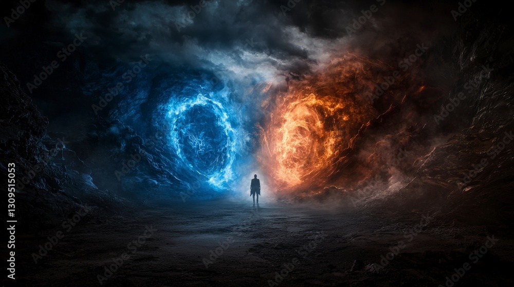 Poster lone traveler navigates cosmic portals unknown worlds digital art surreal realm eye-level multiverse