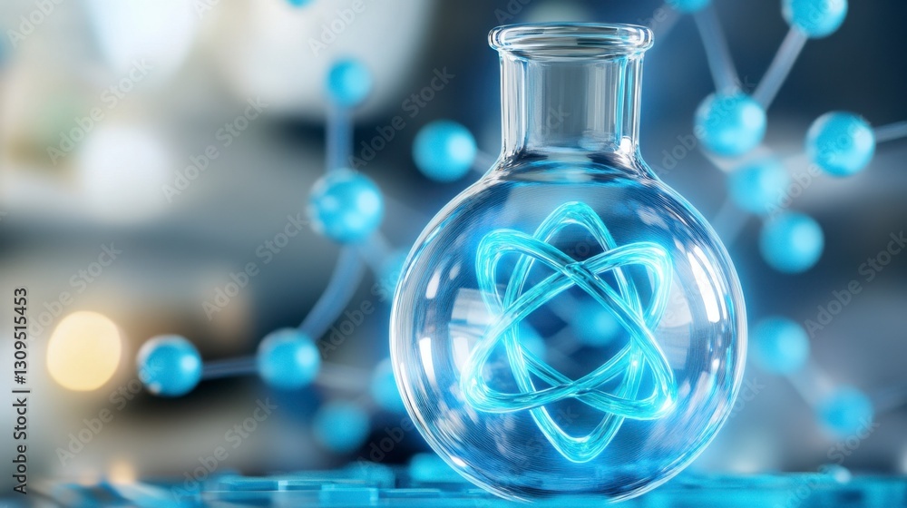 Poster glowing atom symbol inside a glass flask, bokeh background with molecule structures. science, resear