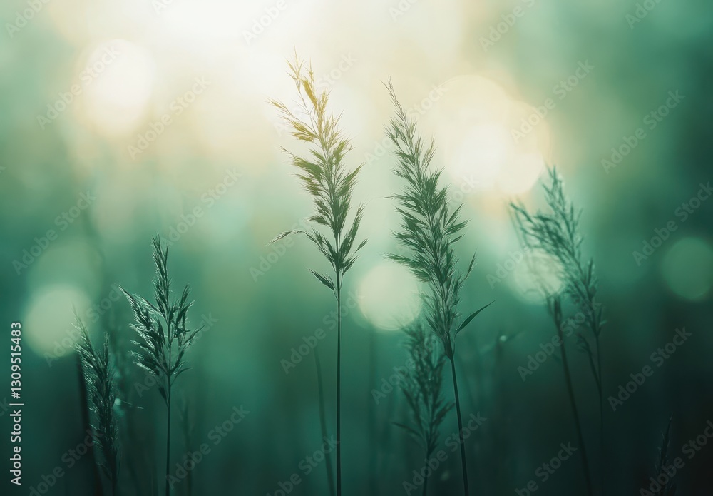 Poster ethereal morning light over gentle green grass blades in foggy nature setting with soft bokeh backgr