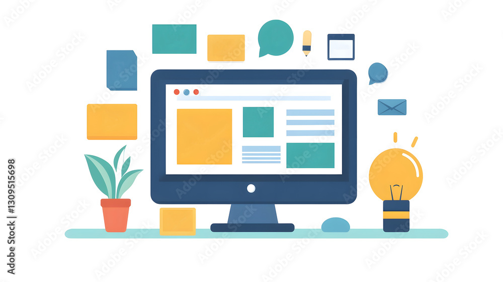 Aufkleber the modern digital workspace with computer monitor showcasing various business and technology icons 
