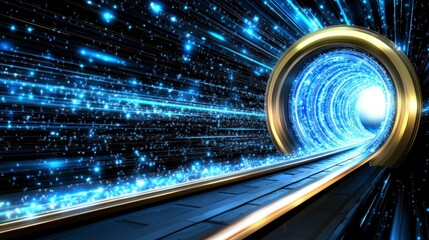 Abstract cosmic tunnel with glowing blue particles and a golden frame, leading towards a bright light source. Futuristic digital art with a sense of wonder and speed.