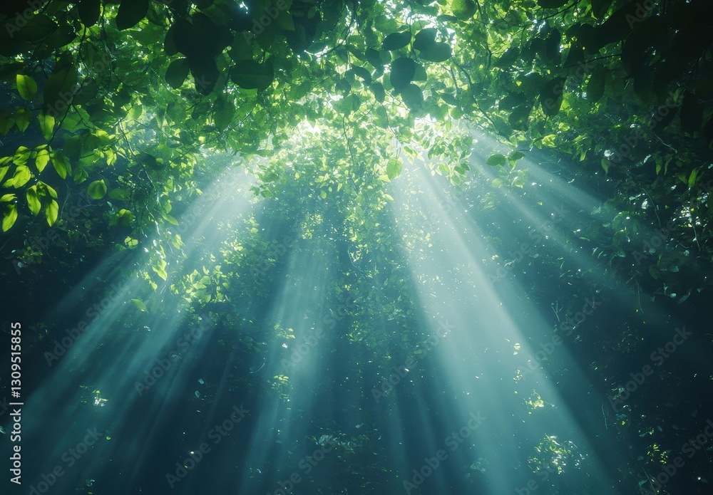Poster ethereal sunlight filtering through dense green forest canopy creating mystical atmosphere in nature