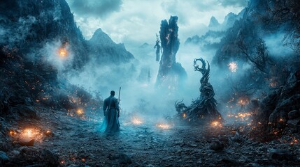 Journey of a martial artist and celestial being through ethereal mountains in a mystical fantasy world