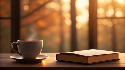 a cozy scene: a cup of hot coffee beside a book in front of a window with natural light