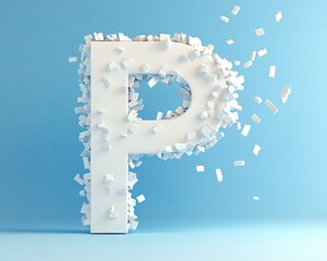 Naklejka premium Bold typography and kinetic type 3D Letter P with White Particles in Motion on a Soft Blue Background