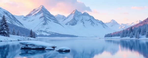 Snowy peaks loom over a tranquil flat rock, winter wonderland scene , white, ice