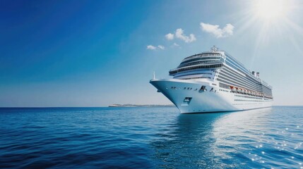 Naklejka premium vast cruise liner anchored under clear blue sky gentle sea waves reflecting sunlight perfect for adventure seekers