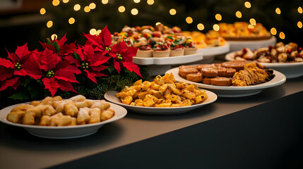 Fototapeta premium Christmas Buffet Table with Red Poinsettia and Array of Desserts Under Festive Illumination