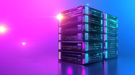 Futuristic Server Racks with Glowing Accents on Pink and Blue Background