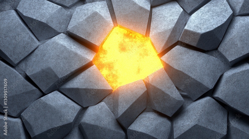 Poster glowing yellow light emanating from within a fractured grey stone wall. abstract background image wi