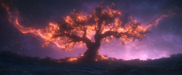 Naklejka premium Glowing Tree In Night Sky Landscape