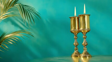 Two golden candlesticks with lit candles on a table, teal background, palm leaves.