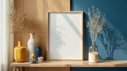 blank wooden frame with dried flowers in yellow and clear vases on a wooden shelf