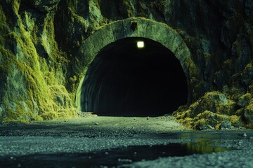 Dark Tunnel Entrance Surrounded by Mossy Rock Formation at Night