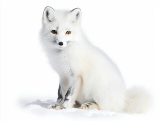 Beautiful Arctic Fox in White Fur Sitting on Snowy Ground