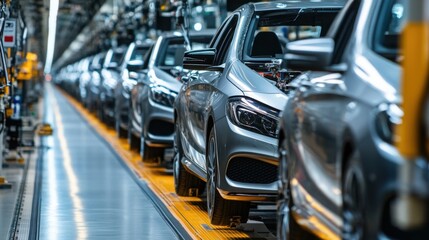 Obraz premium High-tech assembly line in a modern car dealership showcasing advanced vehicle production