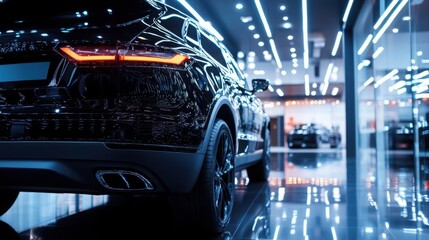 Showroom featuring modern black car in dealership illuminated by vibrant lights