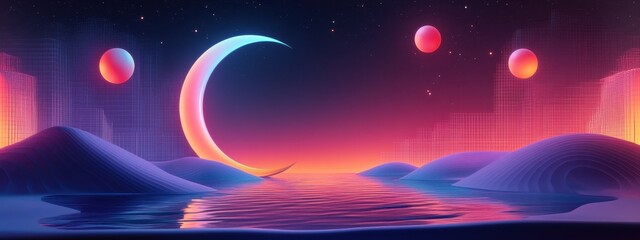 Obraz premium A Dreamy Dusk: Surreal Landscape with Celestial Bodies and Reflective Waters in a Vibrant Fantasy Realm