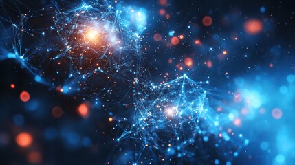 Obraz premium Glowing quantum particles entangled in deep space, futuristic physics visualization, quantum entanglement concept