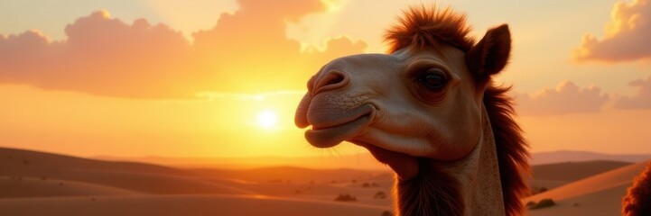 Sunset camel ride, smiling camel head close-up, image, nature, smile