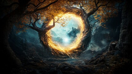 Enchanted forest digital art master of prana and whirling energy portal in fantasy realm