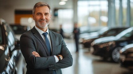 A friendly sales expert stands confidently in a bustling car dealership, ready to assist customers