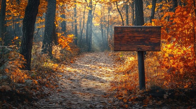 Autumn forest path with blank wooden sign