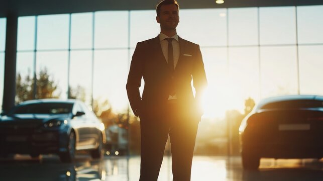 Car dealership executive overseeing luxury vehicles during sunset